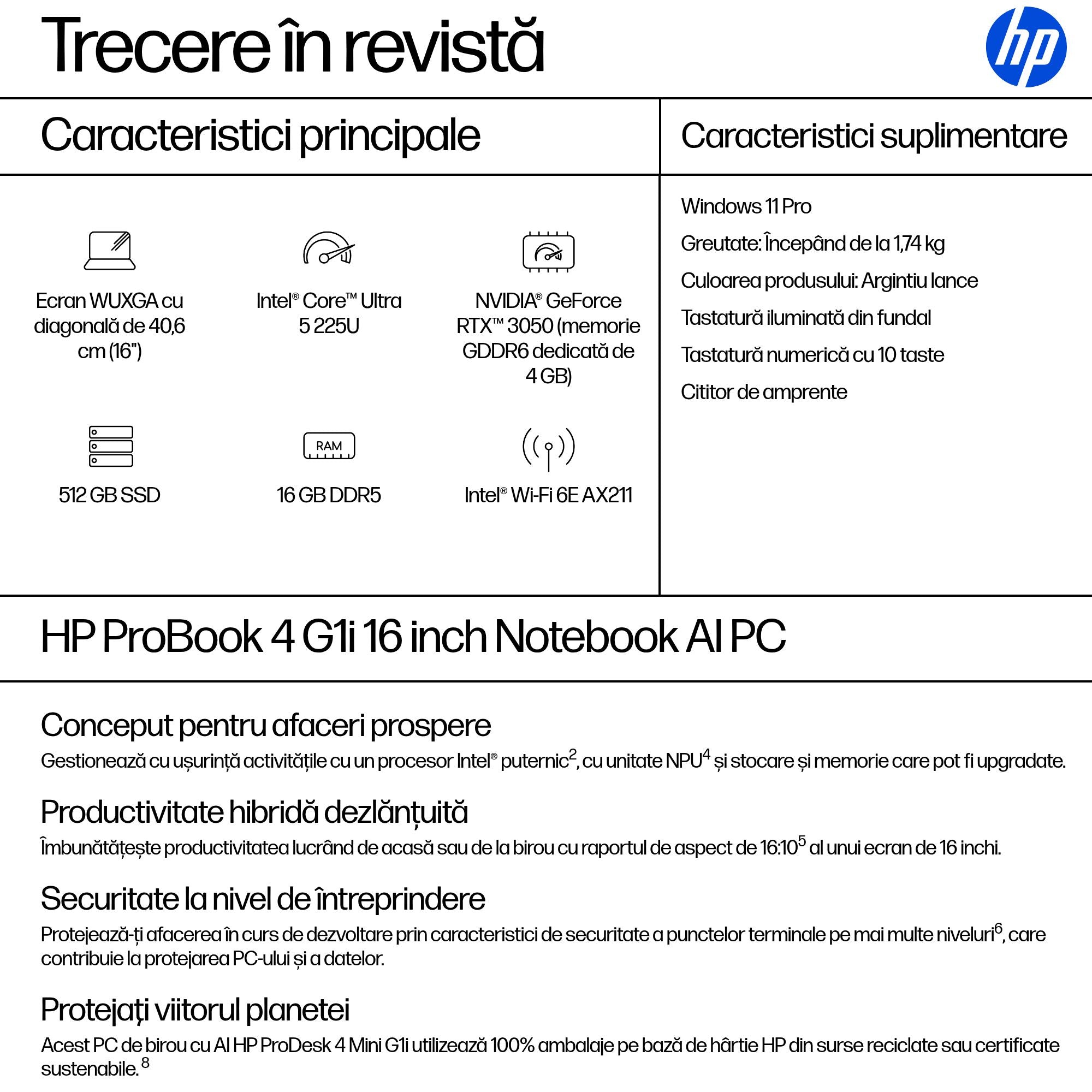 NB PB 4 G1I AI CU5-225H 16"/16/512GB W11P AD2L3ET HP "AD2L3ET" (timbru verde 3.5 lei)