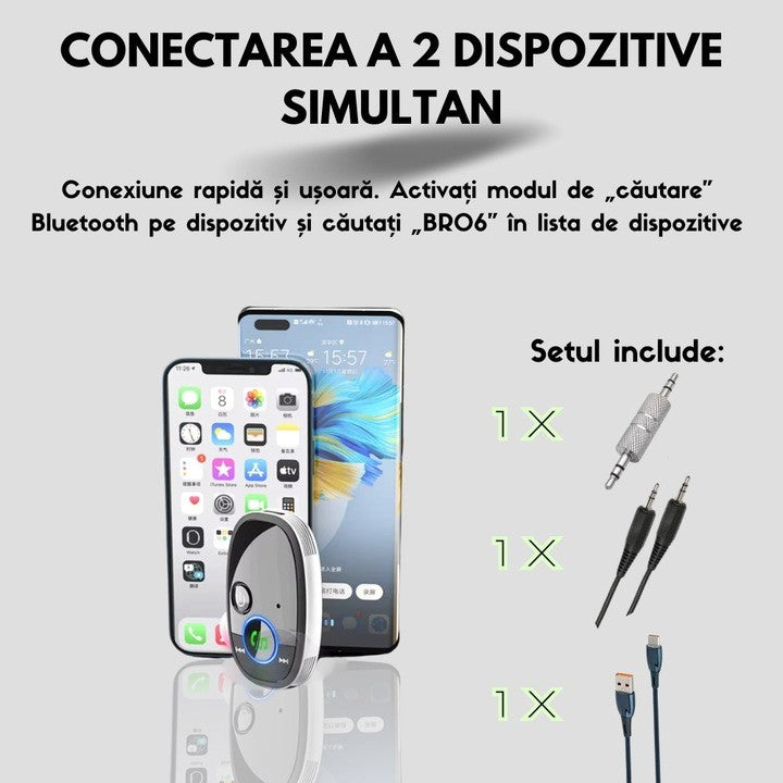 Adaptor Auto, Bluetooth 5.0, Auxiliar, Asistenta Vocal, Jack 3.5 mm, Pentru Telefon Mobil si Sistem Audio Auto, Negru