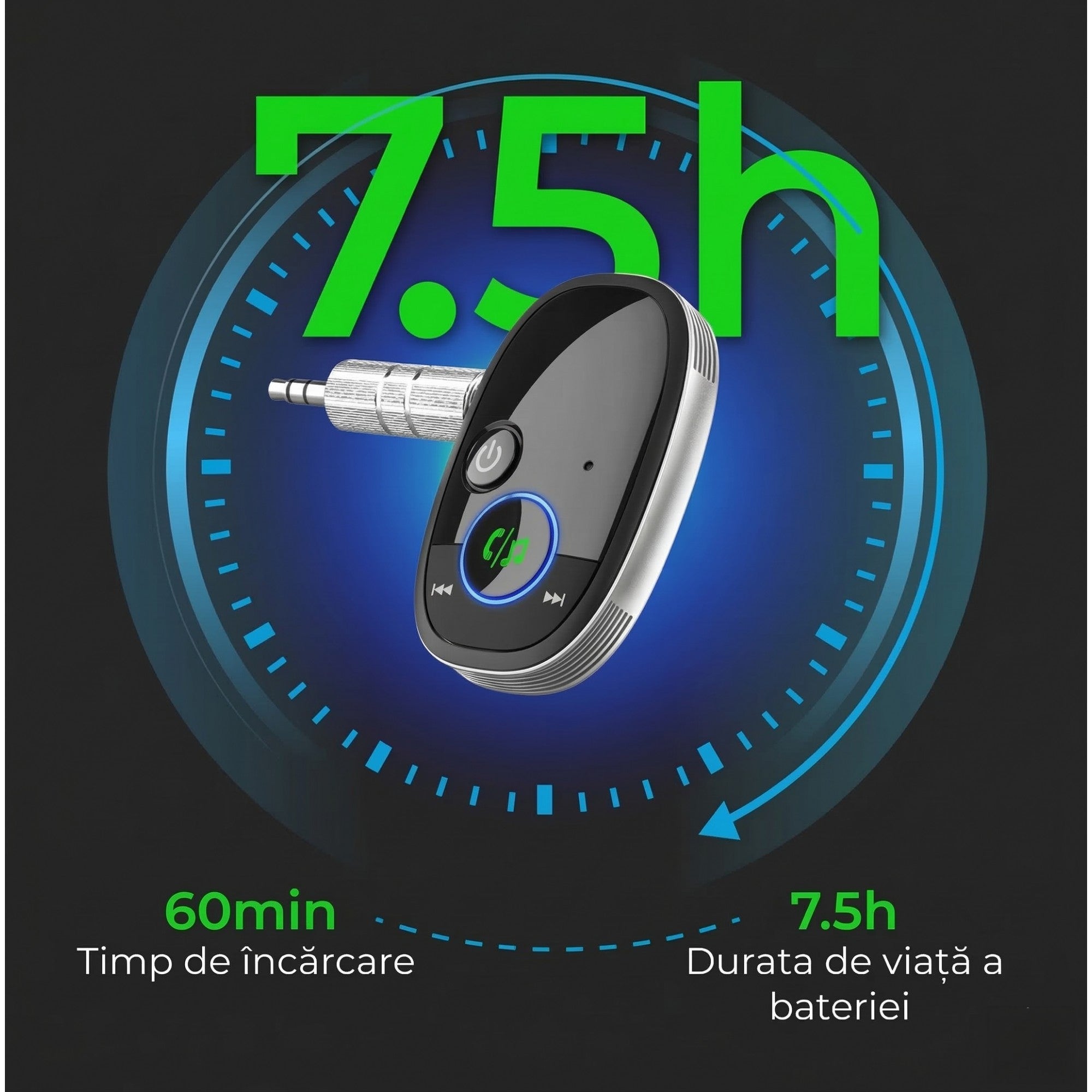 Adaptor Auto, Bluetooth 5.0, Auxiliar, Asistenta Vocal, Jack 3.5 mm, Pentru Telefon Mobil si Sistem Audio Auto, Negru