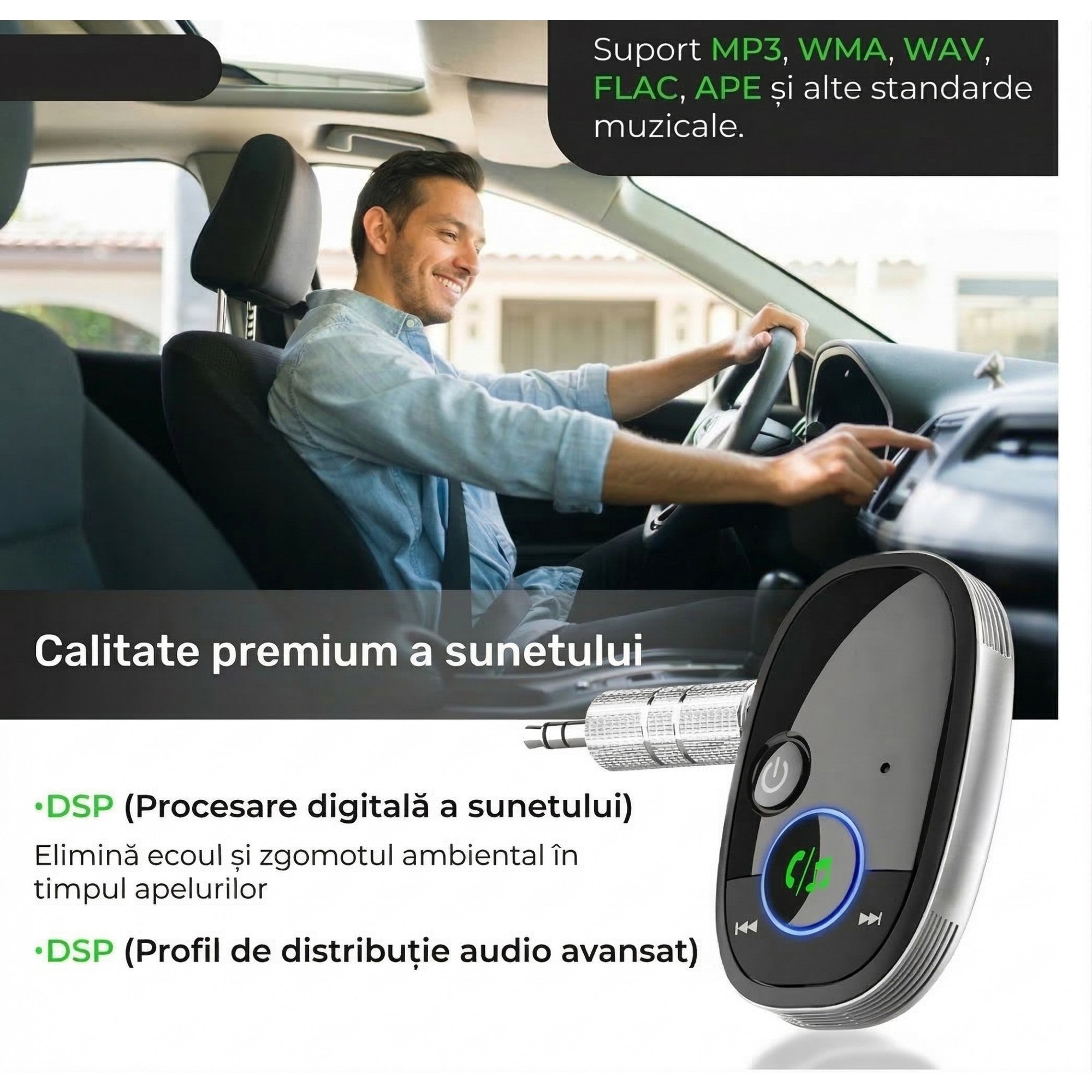 Adaptor Auto, Bluetooth 5.0, Auxiliar, Asistenta Vocal, Jack 3.5 mm, Pentru Telefon Mobil si Sistem Audio Auto, Negru