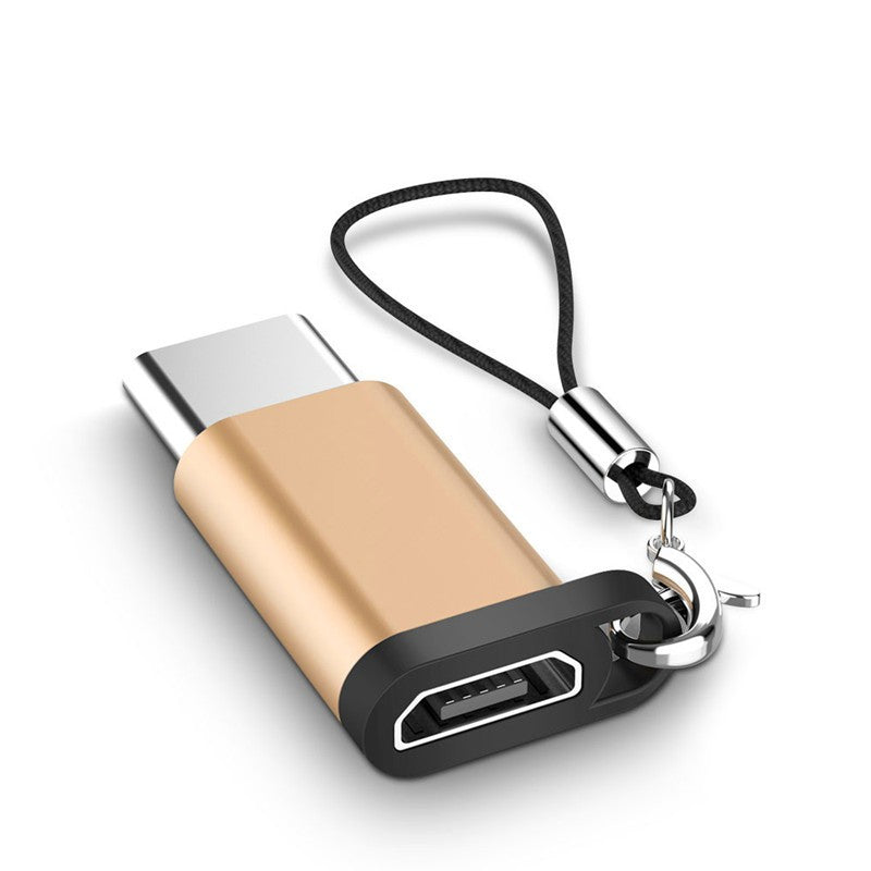 Adaptor micro USB (mama) to Type-C(tata) cu Agatatoare Breloc inclusa, 2,5 cm lungime, Auriu