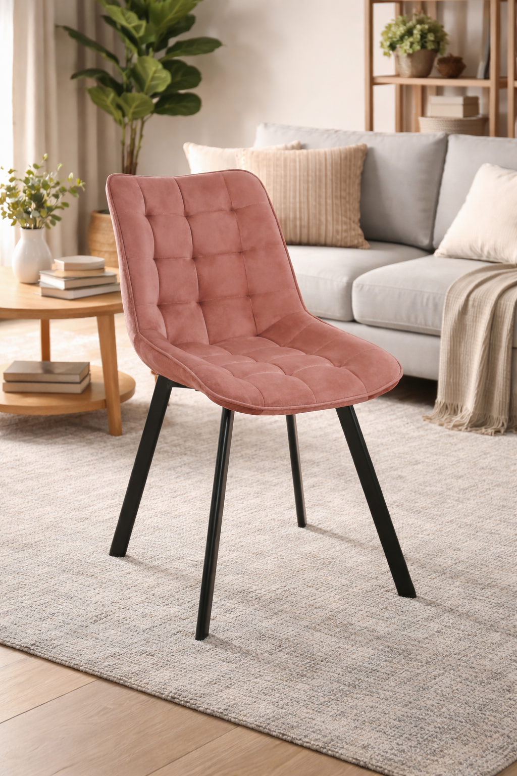 Scaun tapitat, din velur, picioare metalice, maxim 125 kg, 48x60x87 cm, roz pudrat