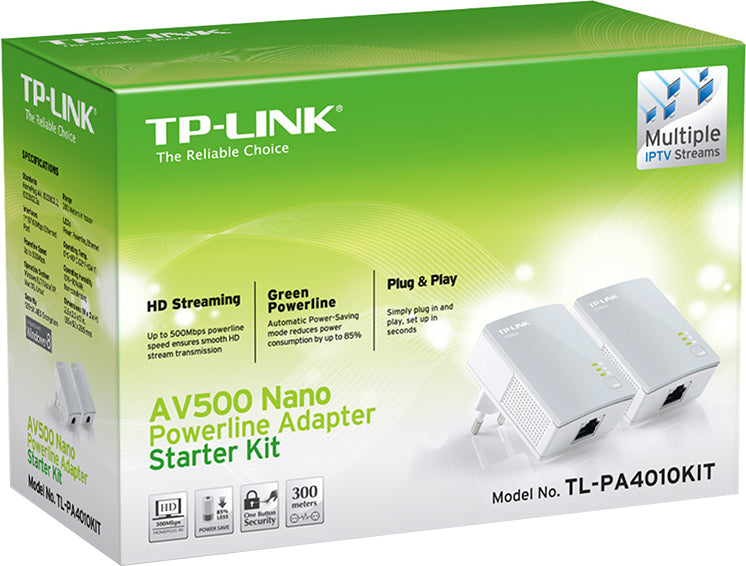 KIT ADAPTOR POWERLINE TP-LINK tehnologie AV, AV600, pana la 600Mbps, 1 port 10/100Mbps, 2 buc. "TL-PA4010KIT"