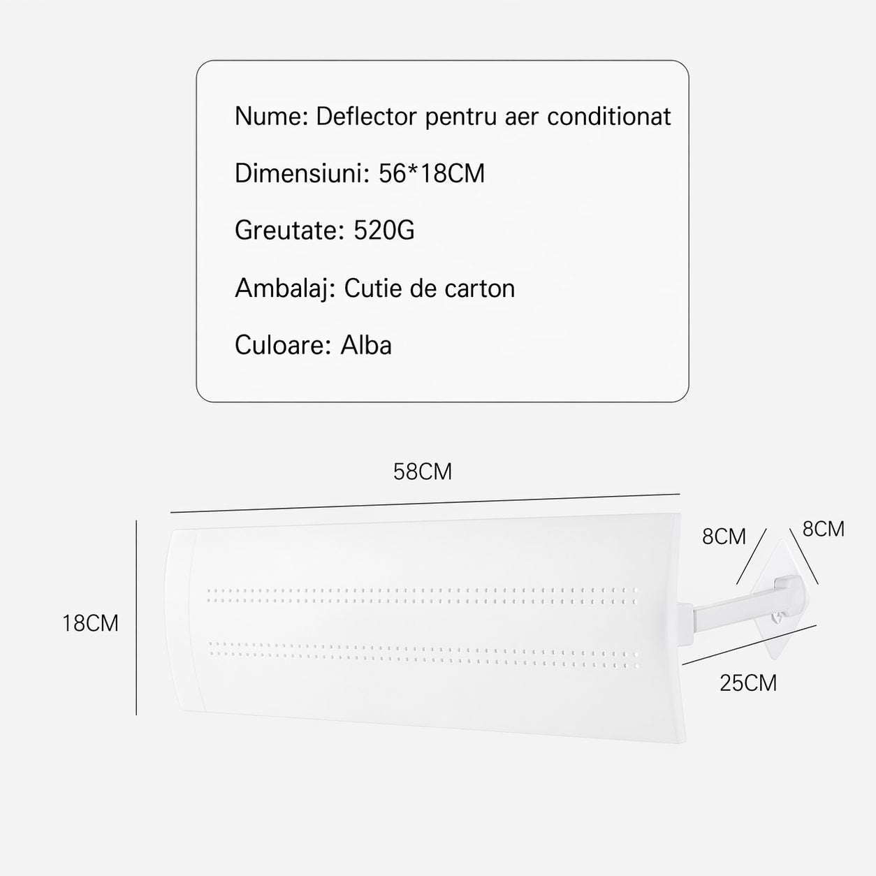 Deflector pentru Aer Conditionat, Model M cu Deschidere Completa, Accesoriu pentru Directionarea Fluxului de Aer si Reducerea Curentului Direc, 56 x 18 cm