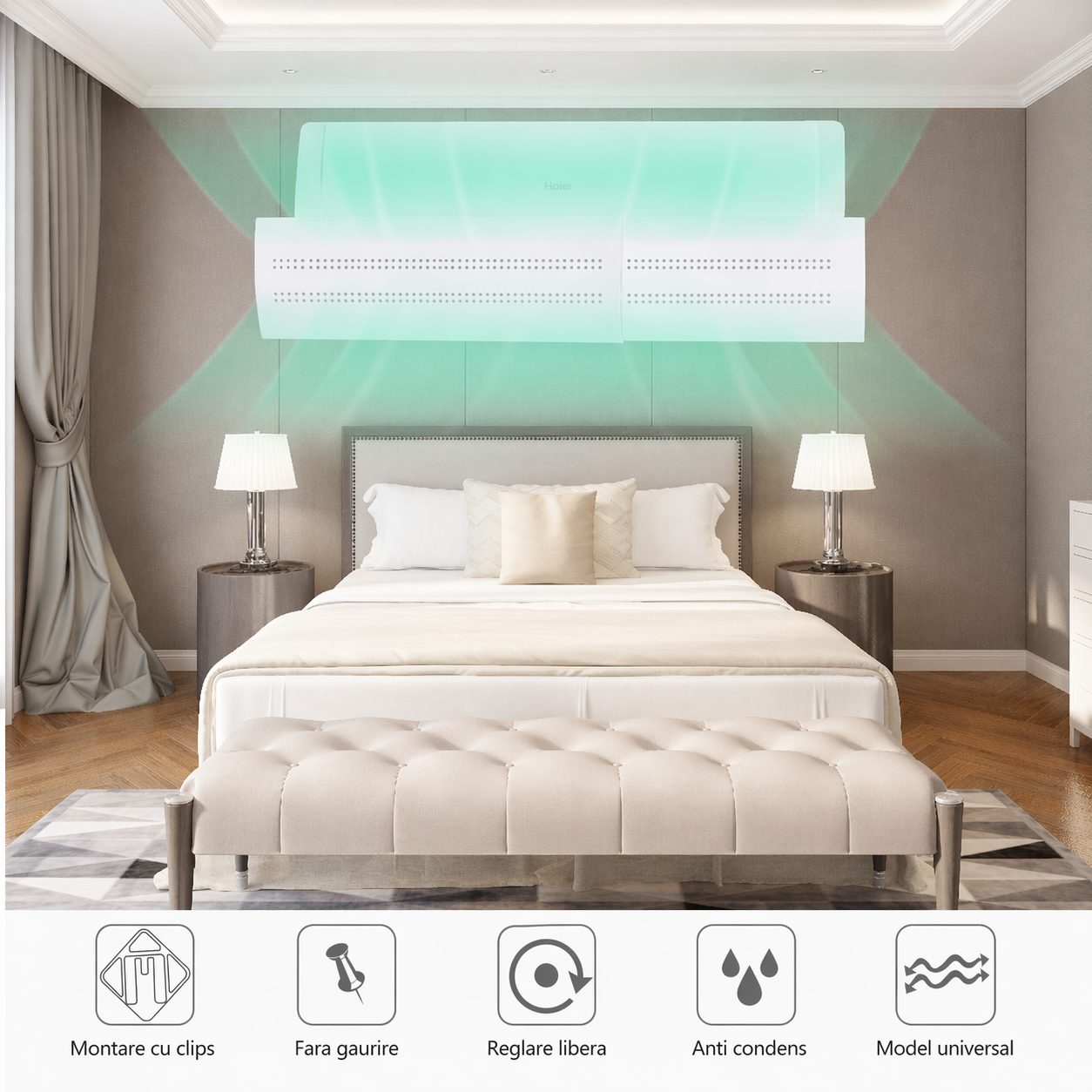 Deflector pentru Aer Conditionat, Model M cu Deschidere Completa, Accesoriu pentru Directionarea Fluxului de Aer si Reducerea Curentului Direc, 56 x 18 cm