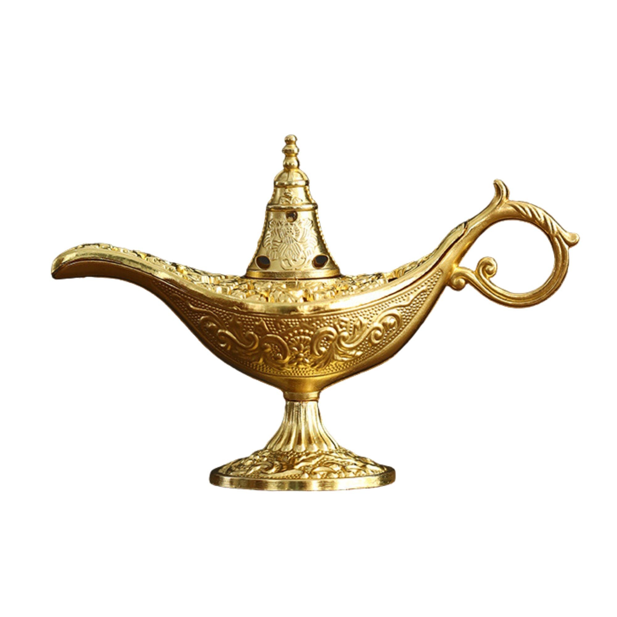 Arzator Tamaie, Flipppy, Model Lampa Aladin, Aliaj, Dimensiune Mica, cu Maner si Capac, Lampa Decorativa Vintage, 3.2 x 9 x 6 cm, Auriu