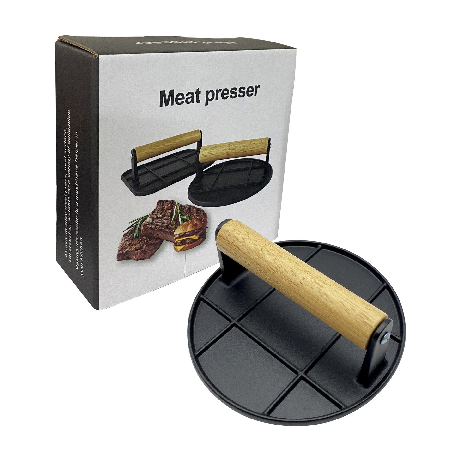 Presa Manuala pentru Carne, din Aliaj de Aluminiu, Maner din Lemn, Presa pentru Burgeri, Usor de Curatat si Folosit, Rotunda, 16x16x6 cm, Neagra