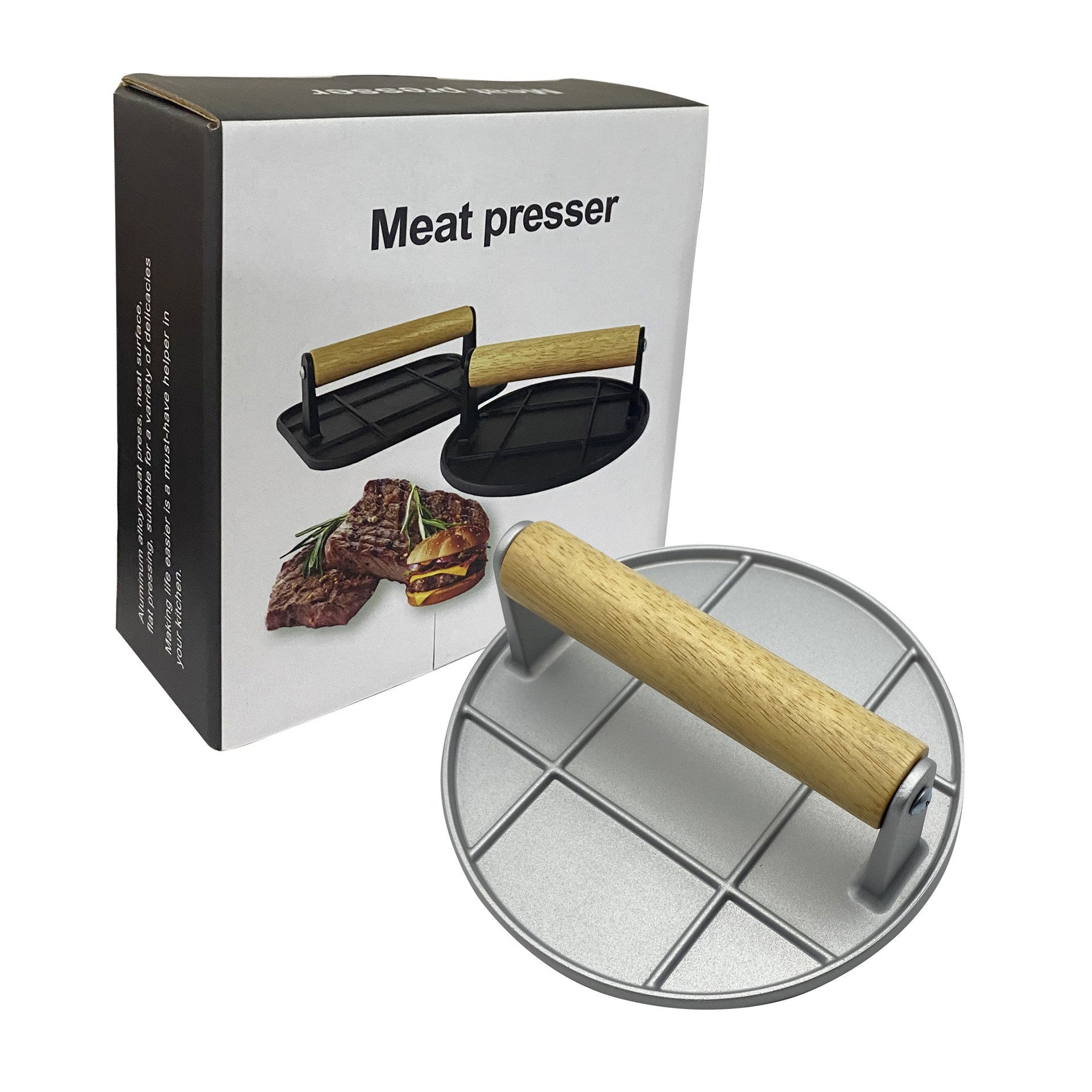 Presa Manuala pentru Carne, din Aliaj de Aluminiu, Maner din Lemn, Presa pentru Burgeri, Usor de Curatat si Folosit, Rotunda, 16x16x6 cm, Gri