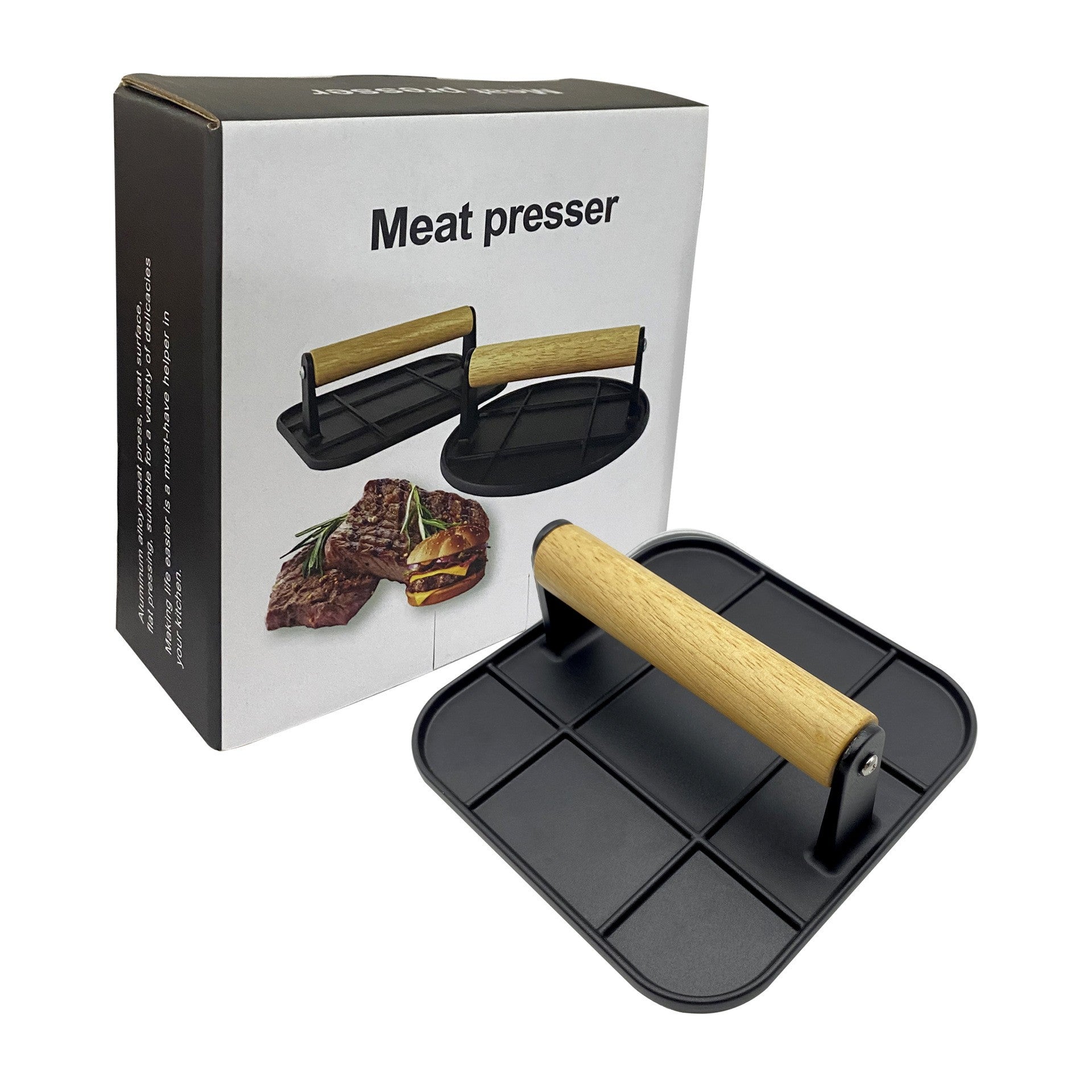 Presa Manuala pentru Carne, din Aliaj de Aluminiu, Maner din Lemn, Presa pentru Burgeri, Usor de Curatat si Folosit, Patrata, 16x16x6 cm, Neagra
