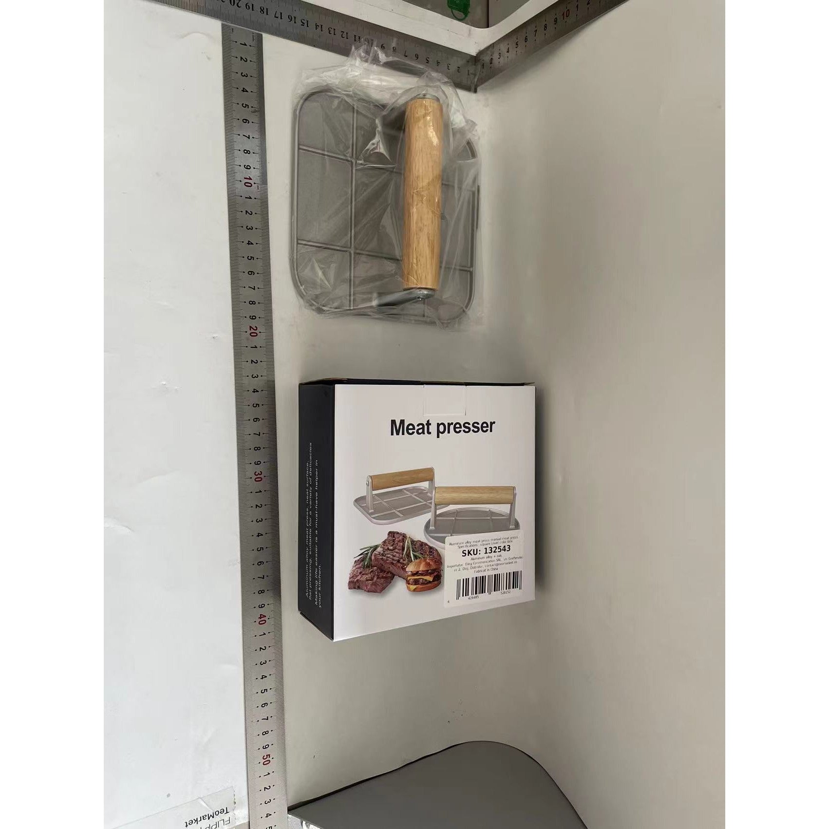 Presa Manuala pentru Carne, din Aliaj de Aluminiu, Maner din Lemn, Presa pentru Burgeri, Usor de Curatat si Folosit, Patrata, 16x16x6 cm, Gri