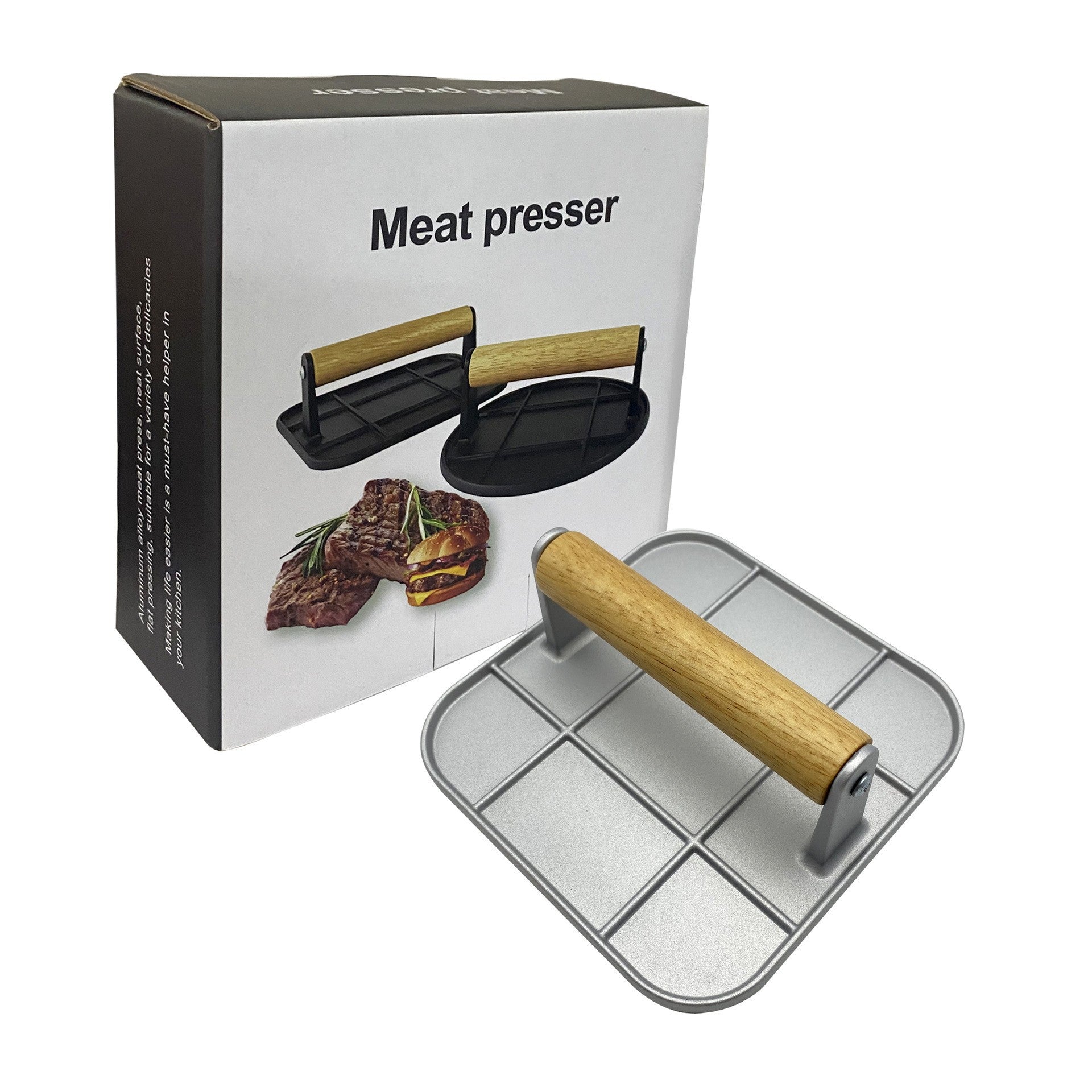 Presa Manuala pentru Carne, din Aliaj de Aluminiu, Maner din Lemn, Presa pentru Burgeri, Usor de Curatat si Folosit, Patrata, 16x16x6 cm, Gri