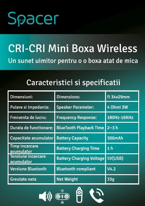 BOXA SPACER portabila bluetooth, Cri-Cri-BLU, RMS: 3W, control volum, acumulator 300mAh, timp de functionare pana la 2 ore, distanta de functionare pana la 10m, incarcare USB, BLUE, "SPB-Cri-Cri-BLU" 43501766