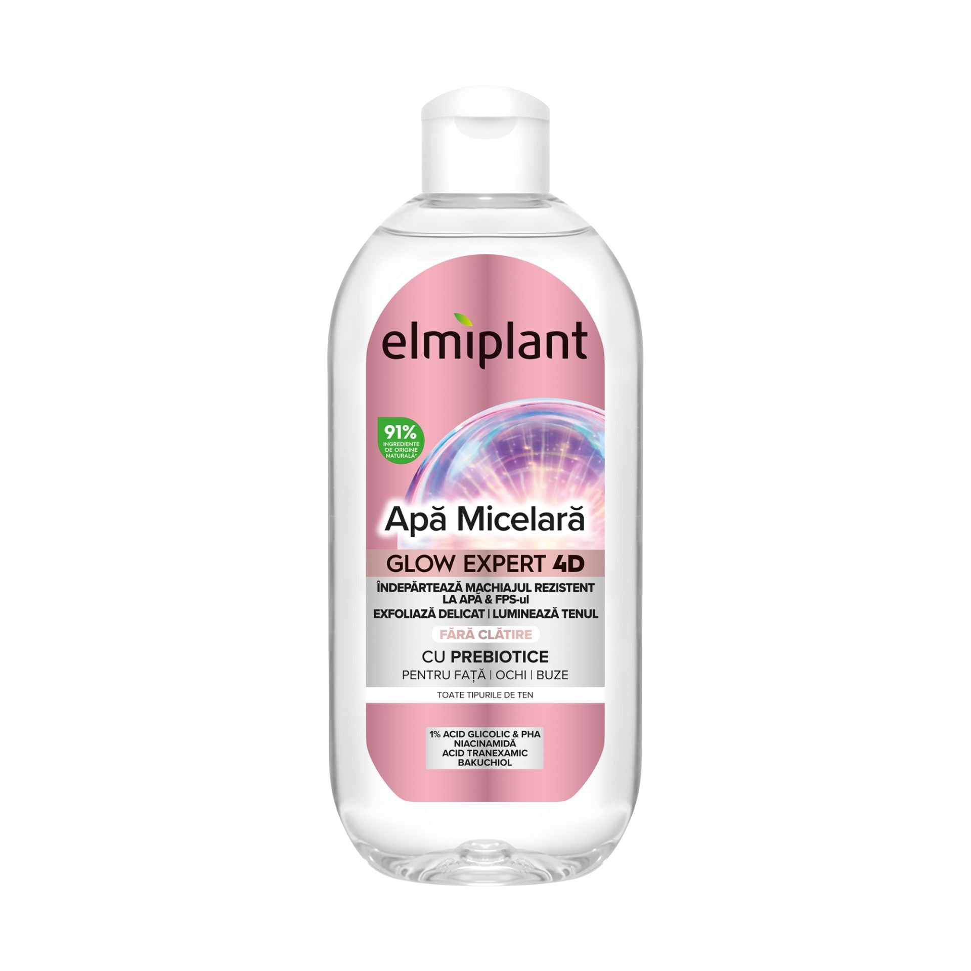 Apa Micelara Iluminatoare, Elmiplant, Glow Expert 4D, Pentru Fata, Ochi si Buze, cu Prebiotice, 400 ml