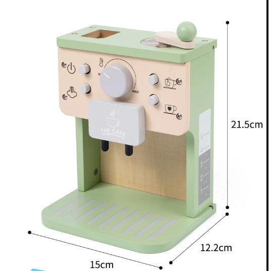 Aparat de Cafea pentru Copii, Espressor de Cafea pentru Copii, Jucarie din Lemn, Set Barista din 10 Piese, 15 x 12.2 x 21.5 cm, Verde/Bej
