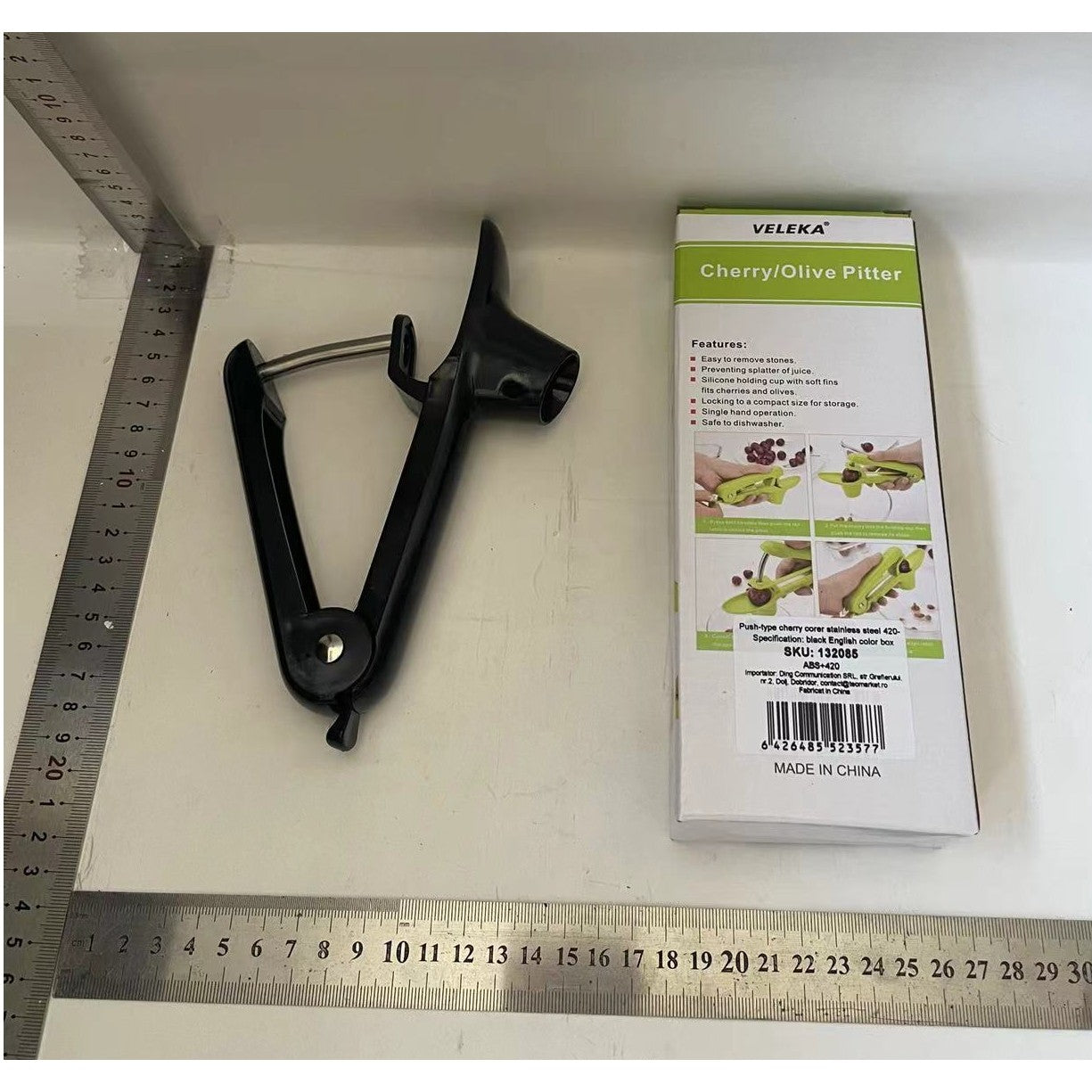 Dispozitiv de Scos Samburi, Manual, cu 1 Gaura, pentru Cirese/Masline, 20.5 x 3.8 x 13 cm, din ABS+Otel Inoxidabil, cu Maner, Negru
