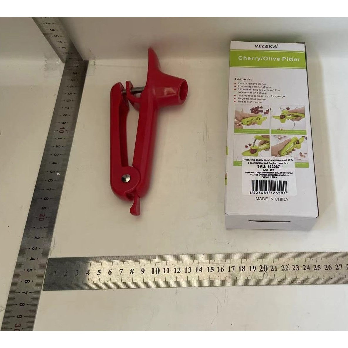 Dispozitiv de Scos Samburi, Manual, cu 1 Gaura, pentru Cirese/Masline, 20.5 x 3.8 x 13 cm, din ABS+Otel Inoxidabil, cu Maner, Rosu