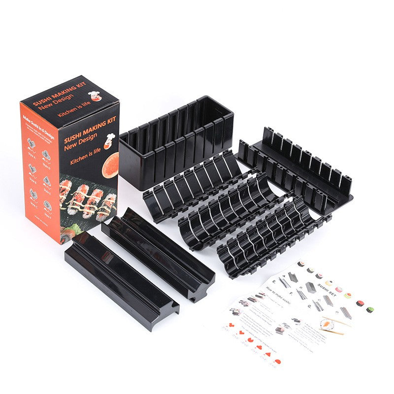 Aparat pentru Sushi, Set 7 Accesorii pentru Sushi, Ofera 3 Forme de Design, Rotund, Triunghi, Inimioare, Negru