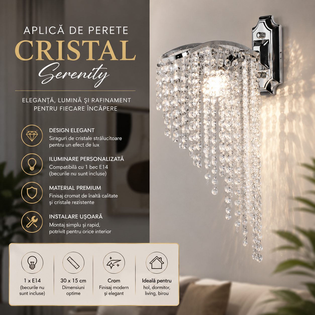 Aplica Cristal Ander 1x E14 Crom Lucios