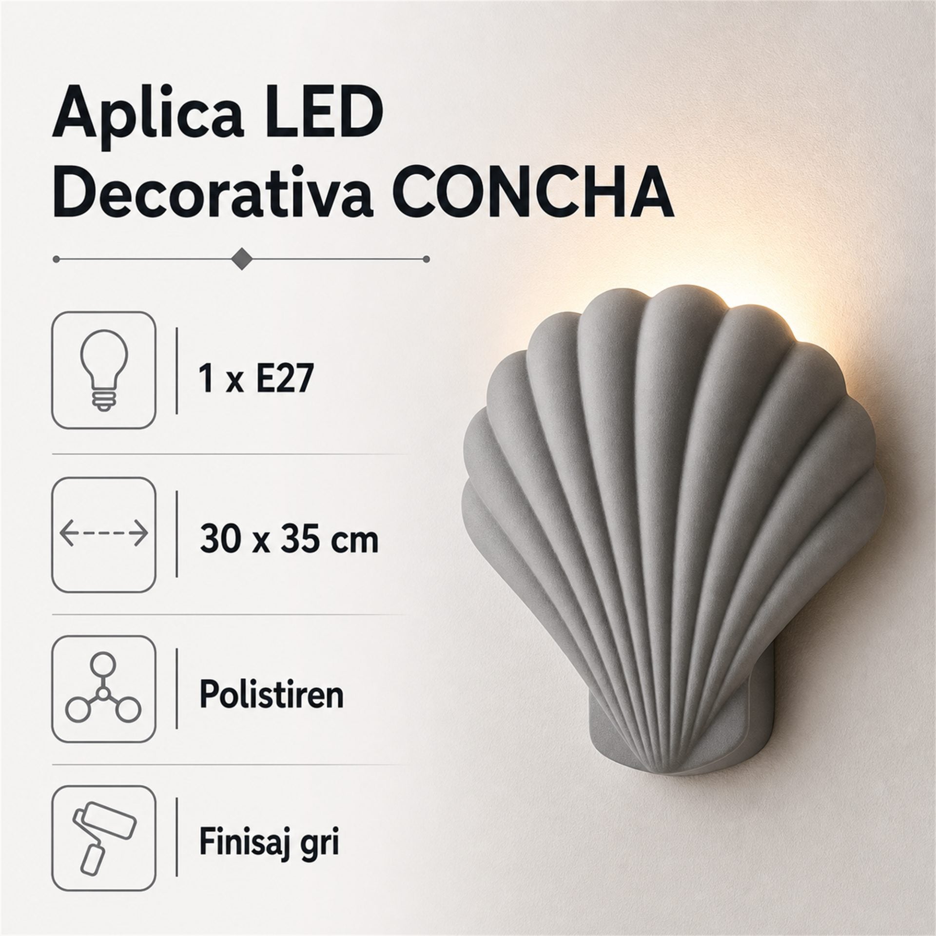 Aplica LED Decorativa CONCHA, 30x35cm, 1xE27, Polistiren, Gri