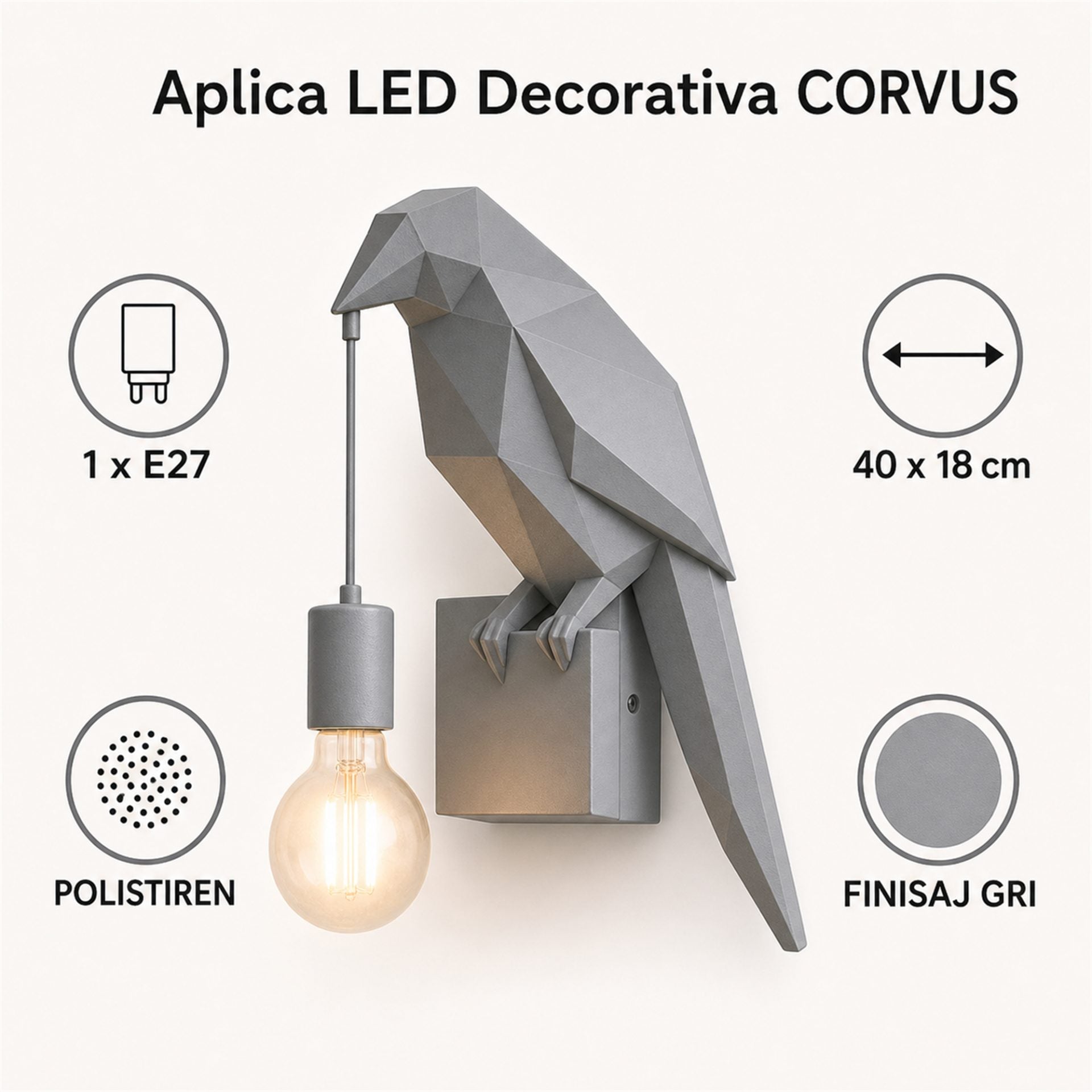 Aplica LED Decorativa CORVUS, 40x18cm, 1xE27, Polistiren, Gri