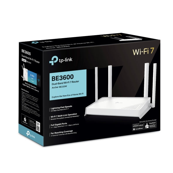 ROUTER TP-Link, Wi-Fi 7 BE3600 Dual-Band (2,4GHz+5GHz), 1x Port WAN Gigabit + 4x Port LAN Gigabit, 4 antene externe cu Beamforming, EasyMesh, HomeShield "Archer BE220W"