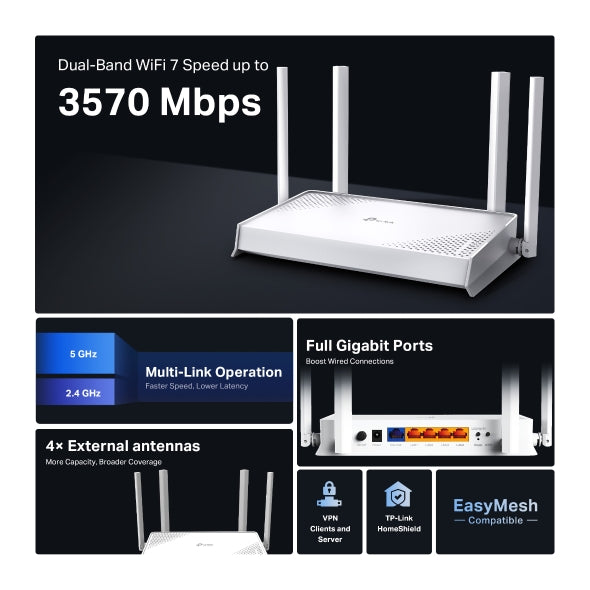 ROUTER TP-Link, Wi-Fi 7 BE3600 Dual-Band (2,4GHz+5GHz), 1x Port WAN Gigabit + 4x Port LAN Gigabit, 4 antene externe cu Beamforming, EasyMesh, HomeShield "Archer BE220W"