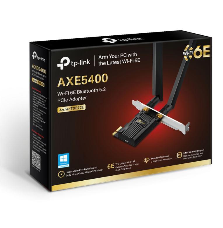 ADAPTOR RETEA TP-LINK AXE5400, extern wireless 2.4 GHz | 5 GHz | 6 Ghz, PCI-E port, 5400 Mbps, WI-FI 6E si Bluetooth 5.3, antena externa x 2, "Archer TXE72E"