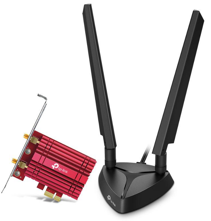 ADAPTOR RETEA TP-LINK AXE5400, extern wireless 2.4 GHz | 5 GHz | 6GHz, PCI-E port, 5400 Mbps, WI-FI 6E si Bluetooth 5.3, antena externa x 2, "Archer TXE75E"