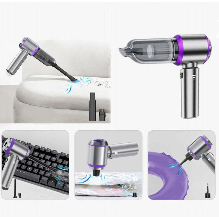 Aspirator Portabil Auto, Flippy, pentru Casa si Masina, 3 Viteze, Incarcator Tip-C cu Incarcare Rapida, Tub Prelungitor, 2000mAh, 7 Capete de Aspirare si Suflare, 21x20x6.5 cm, Argintiu Mov