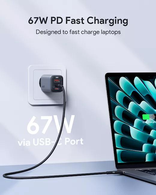 Alimentator retea Aukey, PA-B6U GR, 67W, fast charge, 1 x USB-A, 2 x USB-C, gri, "LLTSEUN1048305" - 689323786893