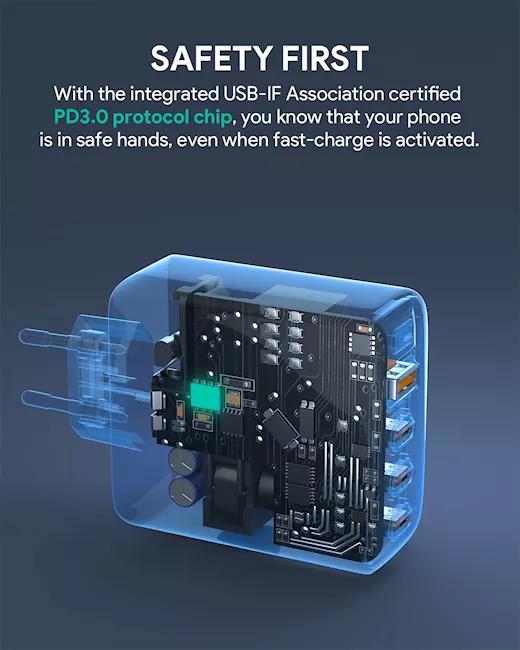 Alimentator retea Aukey, PA-B7S BK, 100W, fast charge, 3 x USB-C, 1 x USB-A, negru, "LLTSEUN1040956" - 689323785575