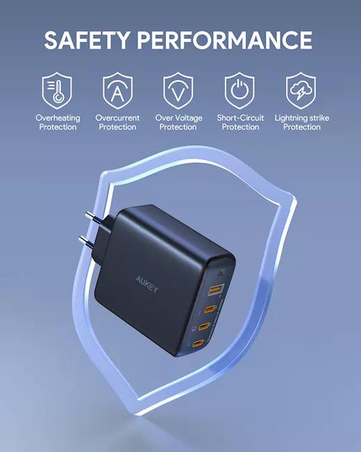 Alimentator retea Aukey, PA-B7S BK, 100W, fast charge, 3 x USB-C, 1 x USB-A, negru, "LLTSEUN1040956" - 689323785575