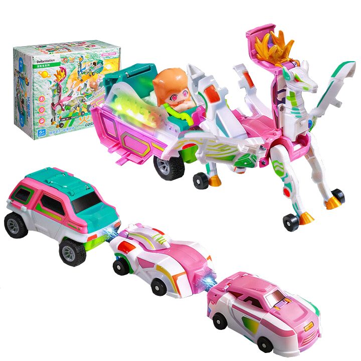 Jucarie Transformer Magnetica 3 in 1 Mars Deer Cosmic Planet, 3 Masini Care se Transforma in Pegas Inaripat, Atractie Magnetica, 3+ Ani, din ABS, Roz