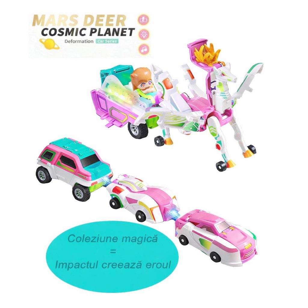 Jucarie Transformer Magnetica 3 in 1 Mars Deer Cosmic Planet, 3 Masini Care se Transforma in Pegas Inaripat, Atractie Magnetica, 3+ Ani, din ABS, Roz