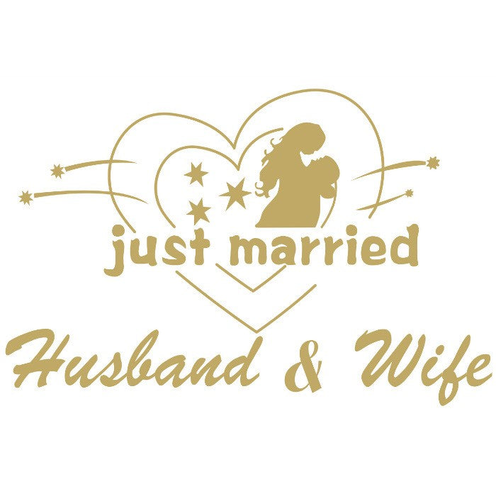 Sticker Autocolant, Tematica Nunta, Model Indragostiti, cu Scris Just Married Husband&Wife, 21x29 cm, Auriu
