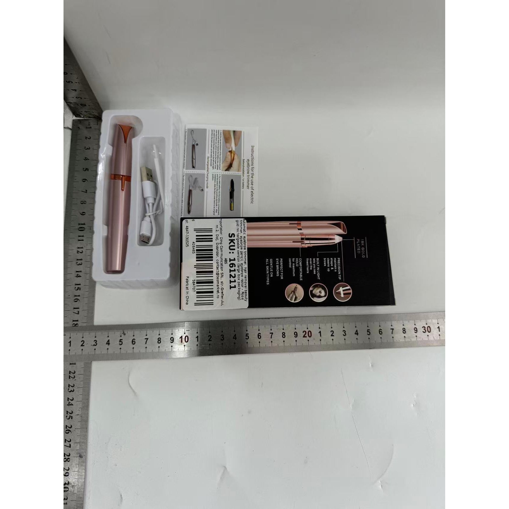 Trimmer Facial pentru Sprâncene și Păr Facial, Reîncărcabil USB, Design Compact, ABS, 1.5 x 13 cm Roz Auriu