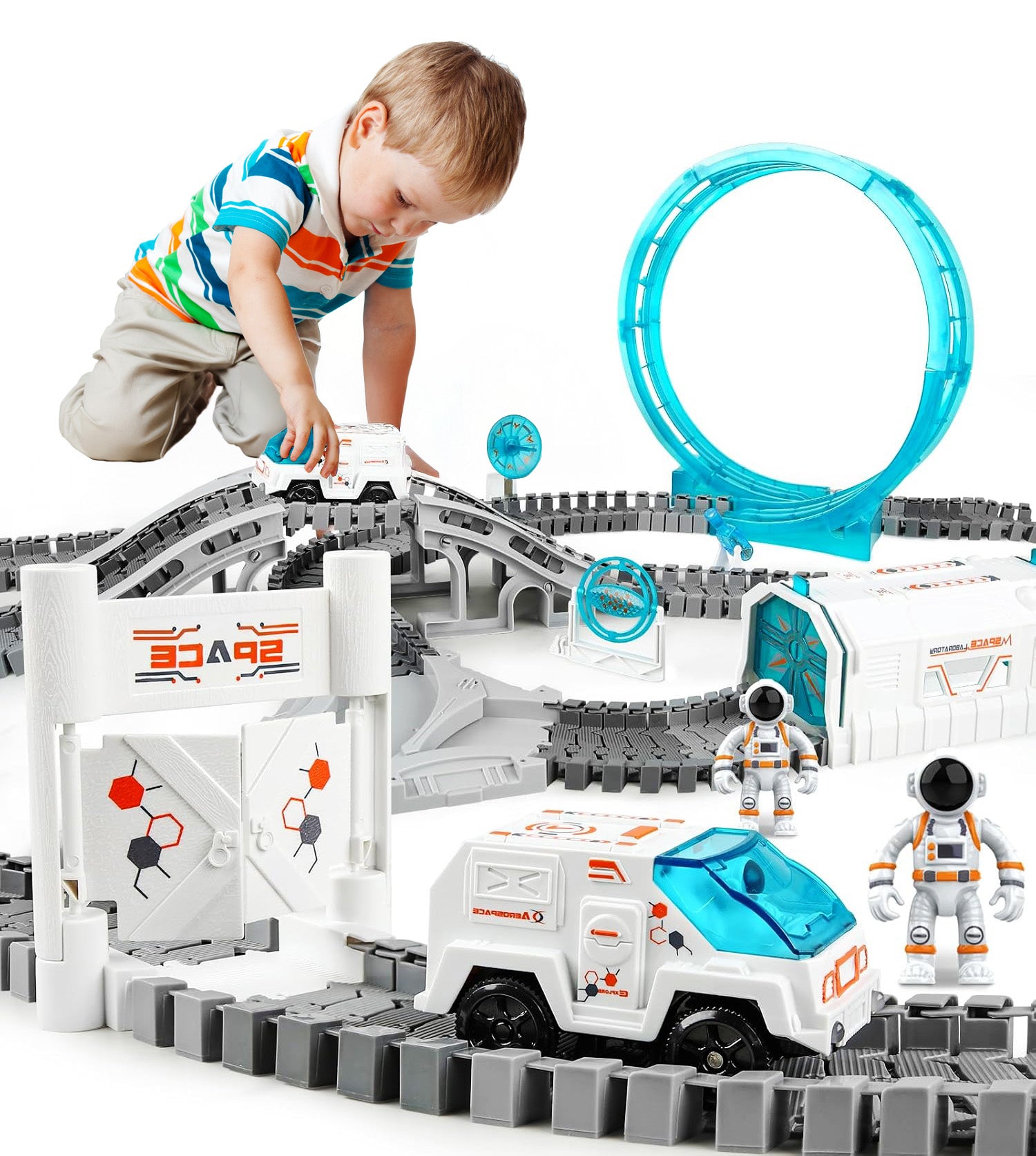 Set constructii traseu auto spatial pentru copii cu 205 piese, astronauti, vehicul electric si proiectie, 46x31x11 cm
