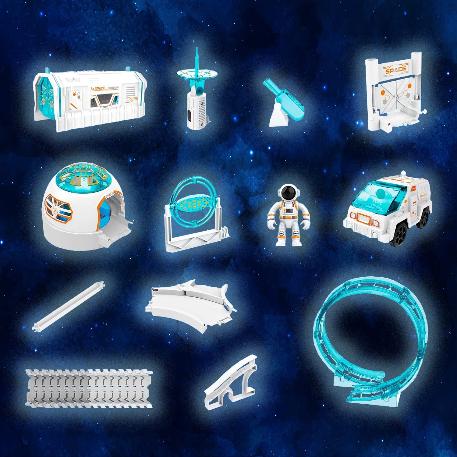 Set constructii traseu auto spatial pentru copii cu 205 piese, astronauti, vehicul electric si proiectie, 46x31x11 cm