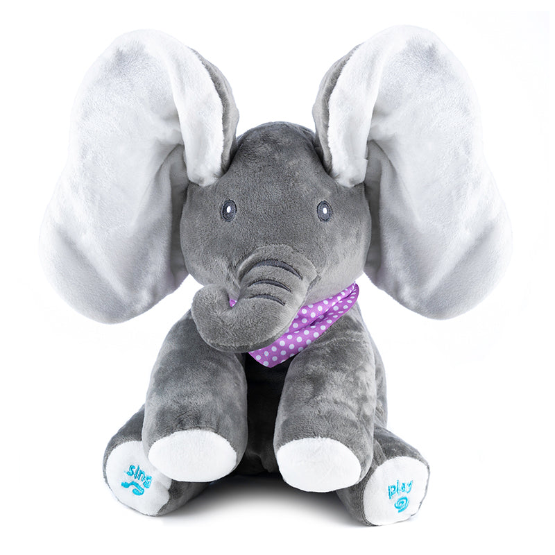 Jucarie plus interactiva elefant pentru copii, canta, misca urechile, joc cucu-bau, 30x30x25 cm, gri