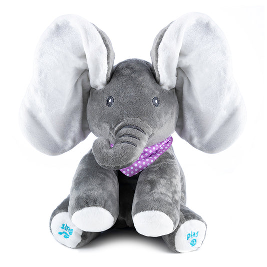 Jucarie plus interactiva elefant pentru copii, canta, misca urechile, joc cucu-bau, 30x30x25 cm, gri - 2