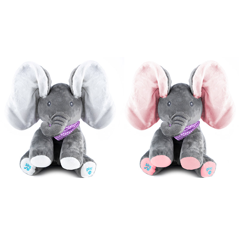 Jucarie plus interactiva elefant pentru copii, canta, misca urechile, joc cucu-bau, 30x30x25 cm, gri - 4