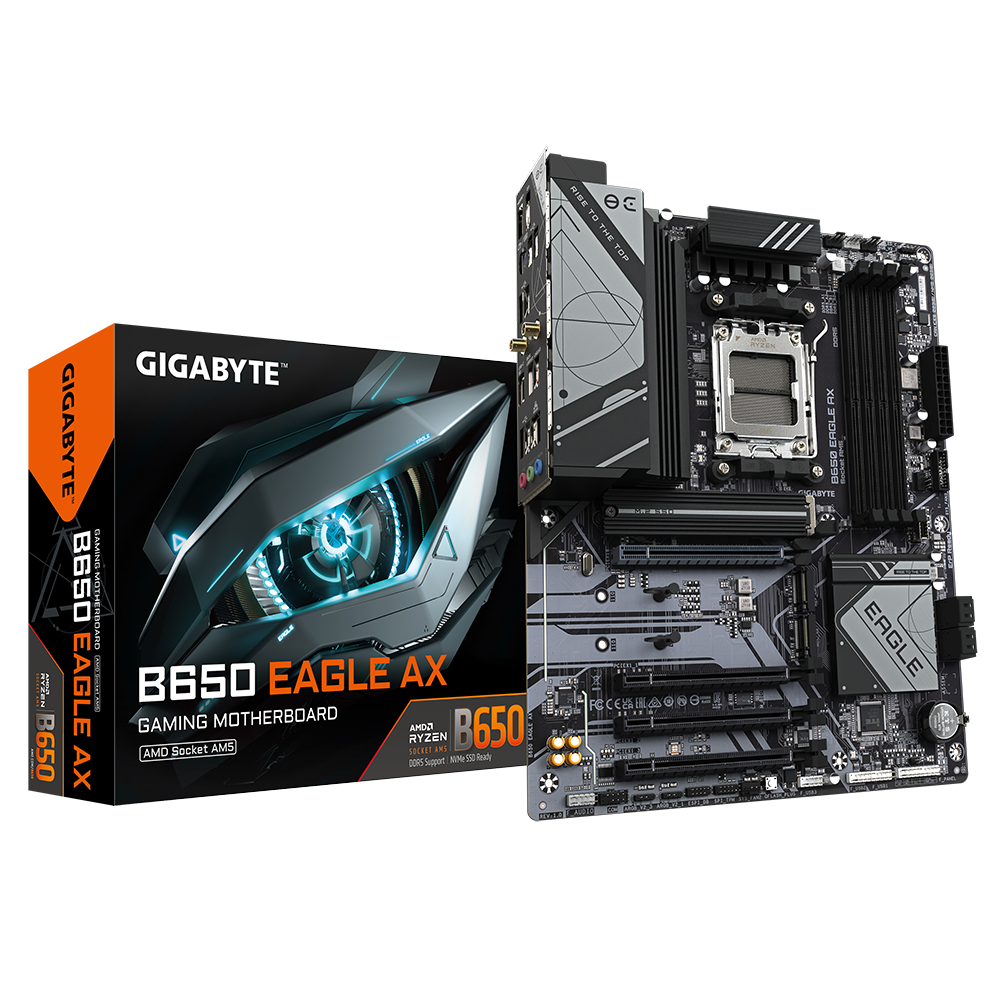 PLACI de BAZA Gigabyte AMD B650 | 4xDDR5 7600(OC) | 1xDP, 1xHDMI, 1xUSB-C, with USB 3.2 Gen 1, 2xUSB 3.2 Gen 2 Type-A, 6 x USB 2.0/1.1 ports, 1xRJ-45 port, 3xjacks | ATX "B650 EAGLE AX"
