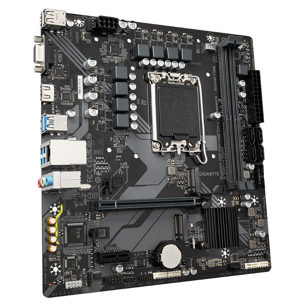 GIGABYTE Mainboard Desktop B760M H DDR4,LGA1700, 2xDDR4, 1xDSub, 1xHDMI, GLAN, 1x PCI Express x16 PCIe 4.0, 1x PCI Express x1 PCIe 3.0, 2xM.2, 4xSATAIII, 6xUSB3.2, 6x USB2.0, mATX "B760M H DDR4"