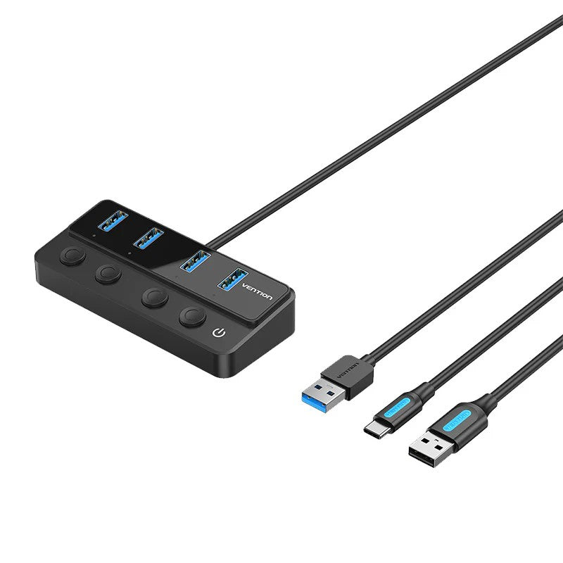 HUB USB Vention, 5-in-1, USB 3.0 x 4 porturi, incarcare prin USB Type-C, viteza 5 Gbps, Cablu 1m, conectare prin USB 3.0, intrerupatoare individuale, negru, 
