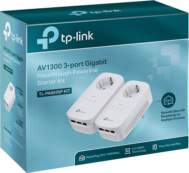 KIT ADAPTOR POWERLINE TP-LINK tehnologie AV2, AV1300, pana la 1300Mbps, 3 porturi Gigabit, priza AC, 2 buc. "TL-PA8030PKIT"