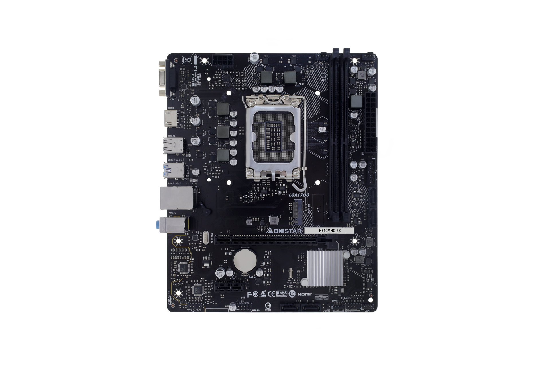 Placa de baza Biostar "H610MHC 2.0", skt. LGA 1700, chipset Intel H610, mATX, 2 x DDR4 max. 64 GB, USB 3.2 gen 1, 4 x SATA, 1 x M.2, PCIe 4.0, HDMI, VGA, "H610MHC 2.0"