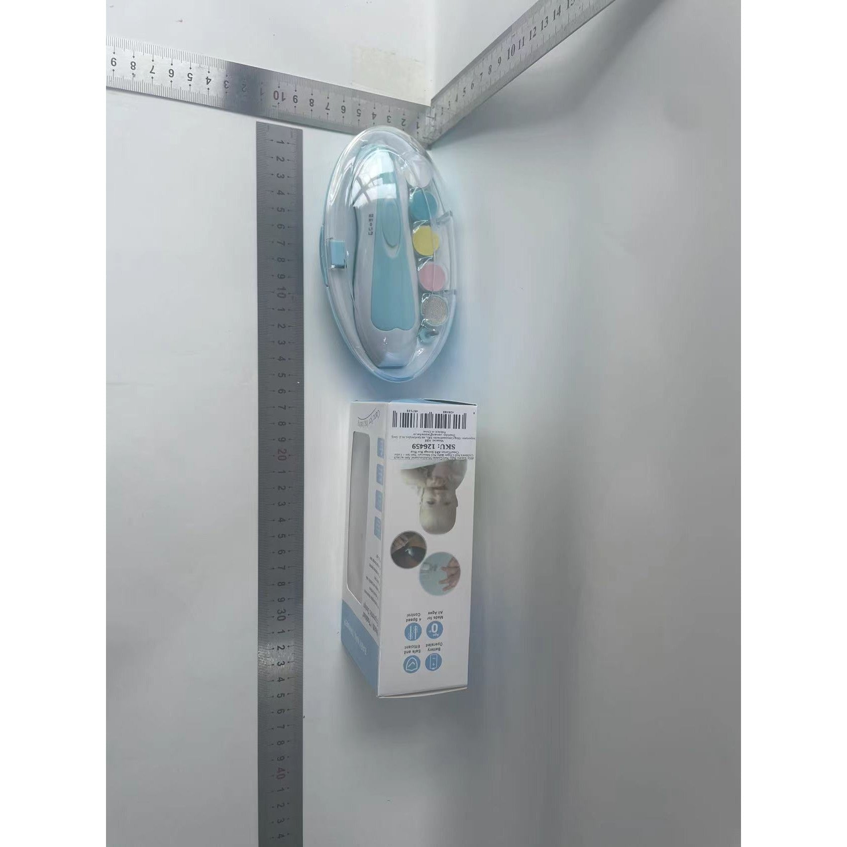 Set Pila Electrica pentru Copii si Bebelusi, ABS, 6 Accesorii, cu Lumina LED, Albastru Alb