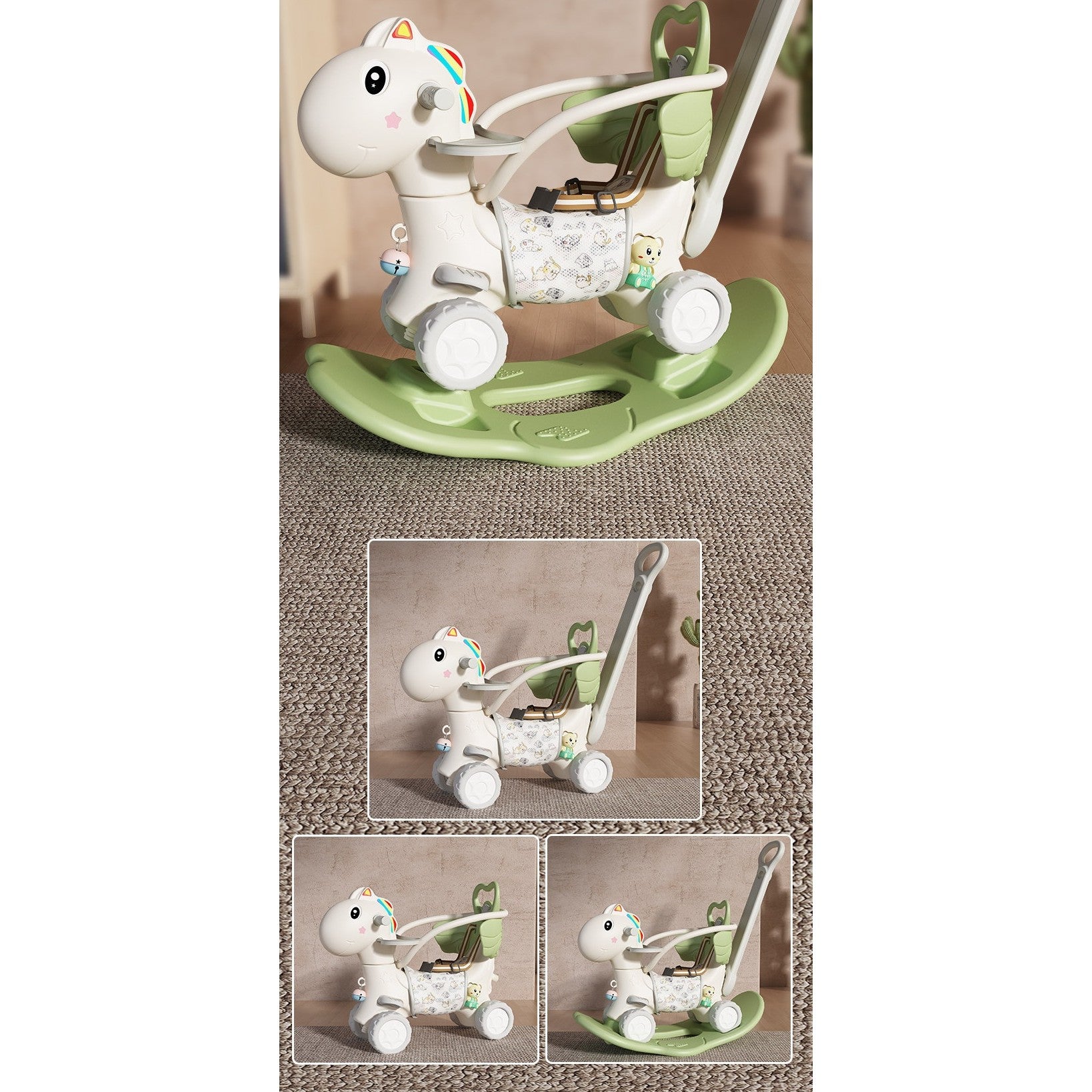 Balansoar pentru Copii, 3in1, cu Spatar si Bara de Siguranta, Maner cu Cos de Basket, Tava de Masa, 80 x 43 x 83 cm, din Plastic, + 3 Ani, Verde