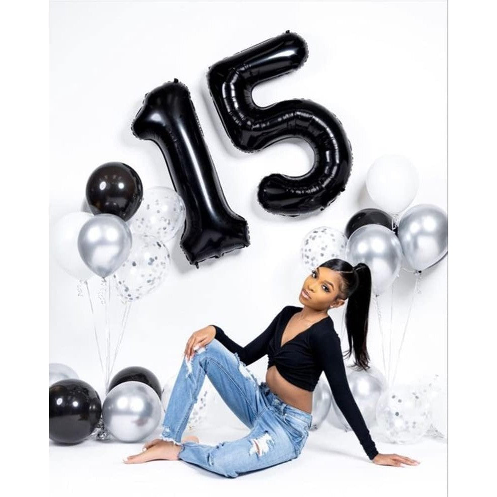 Balon din Folie Metalizata, Figurina Cifra, Tema Aniversare 100 cm, Ambalaj Individual, Pai inclus, Umflare cu Aer sau Heliu, Negru, Cifra 1
