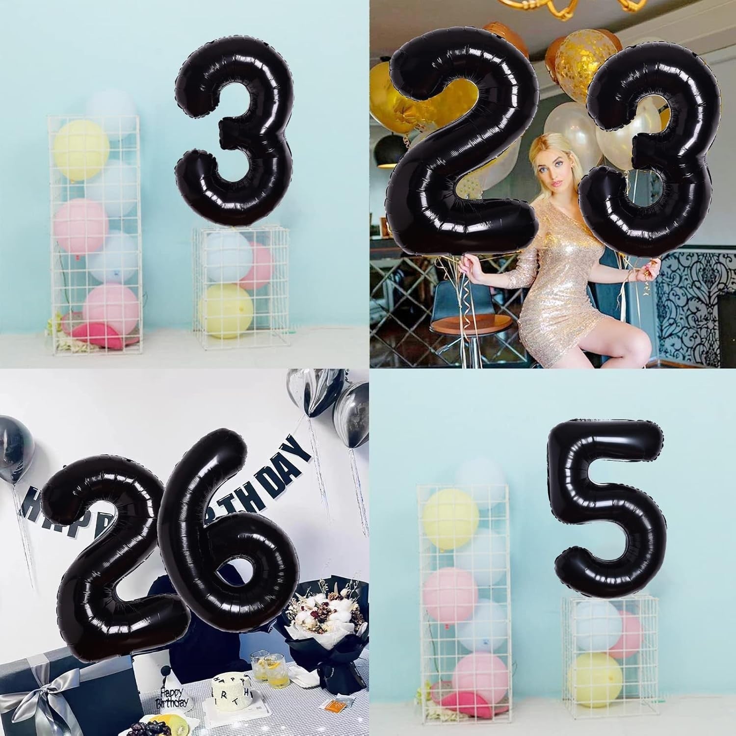 Balon din Folie Metalizata, Figurina Cifra, Tema Aniversare 100 cm, Ambalaj Individual, Pai inclus, Umflare cu Aer sau Heliu, Negru, Cifra 3